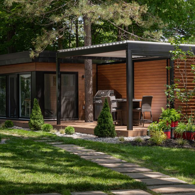 Exosystème projet de pergola bioclimatique et volets intimités haut de gamme